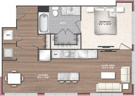 Floor plan for 1 bed, 1 bath, 734 sqft